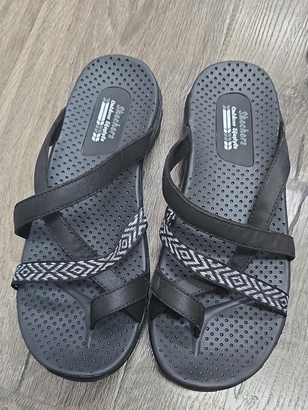 Skechers Black Slip-On Sandals with Monochrome Patterned Strap